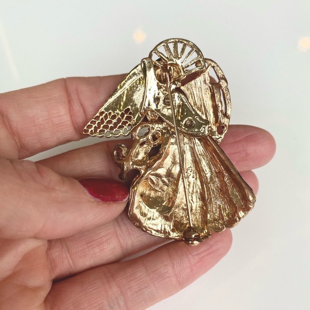 Vintage Holiday Lane Christmas Holiday Lapel Pin Brooch Gold Red Angel w/Harp - Picture 2 of 6